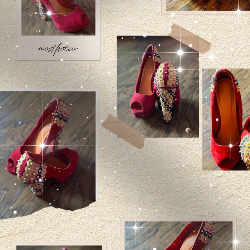 Red Liliana Studded Open-Toe Pumps with Embroidered Heel - Size 5 1/2